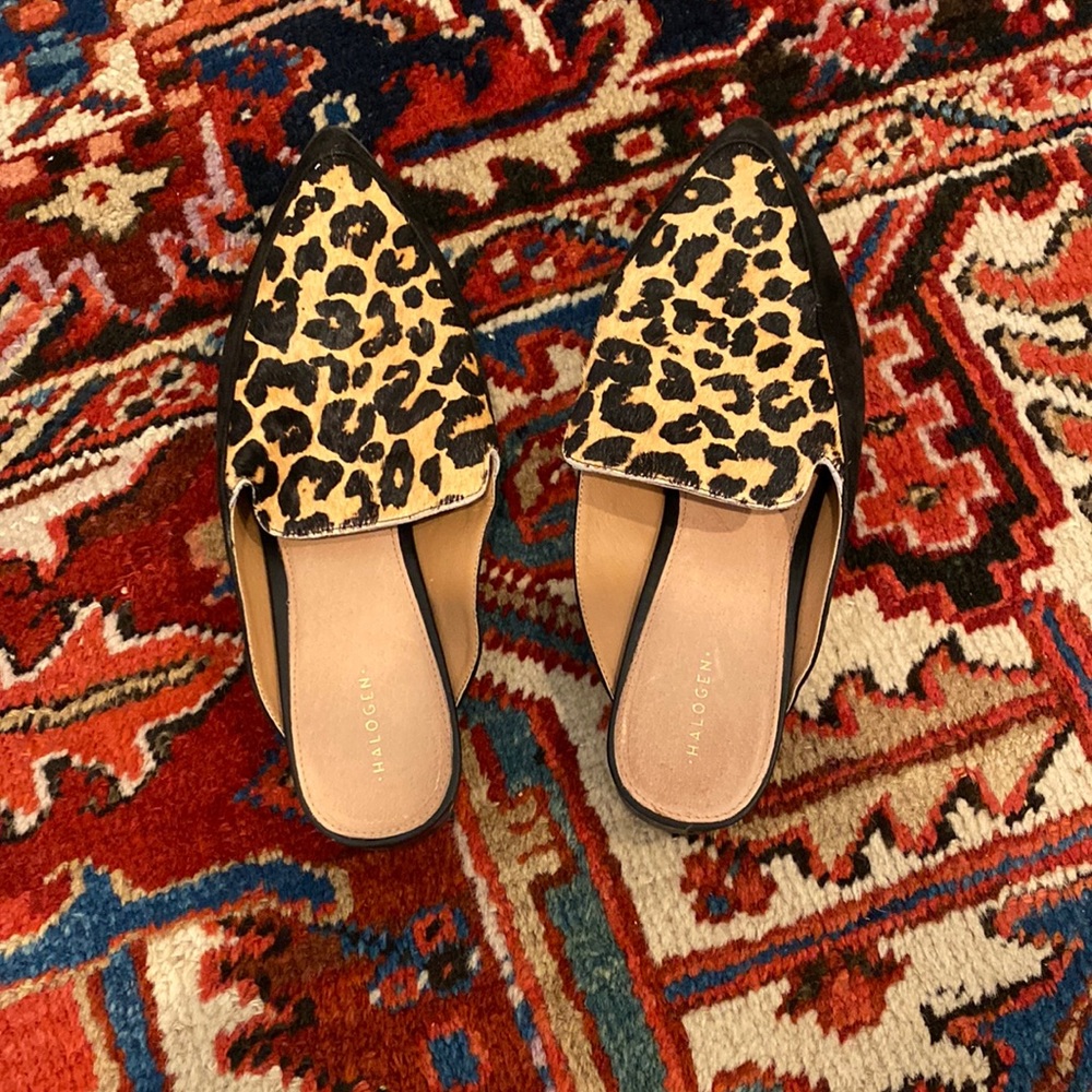 Velvet leopard mules